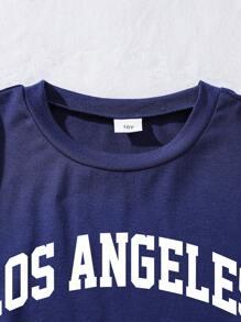 男童字母图案印花圆领短袖 T 恤和短裤套装 - 寶藍色 - 查看 3