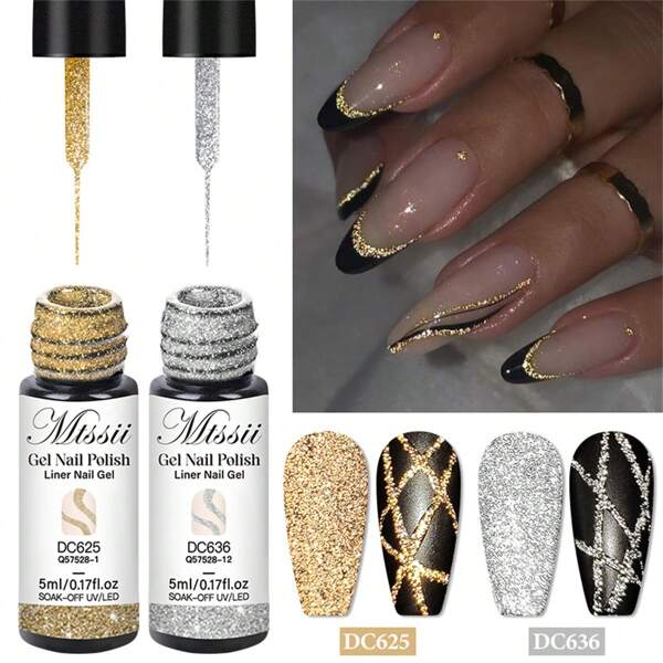 Mtssii 2pcs Reflective Glitter Liner Gel Nail Polish Set, Gold Silver Paint Spider Line UV Gel, Superflash Sparkle French Style Pull Line Graffiti Painting Stripe DIY French Nail Design Painting Gel Kit Soak Off Nail Vanish Manicure Home Salon Gift For Women