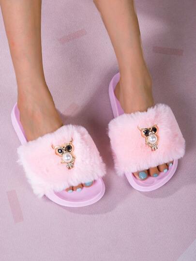 1 Pair Girls' Cute, Comfortable, Fashionable, Lightweight, Casual, Pink Plush Indoor/Outdoor Slippers, Suitable For All Seasons