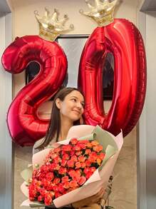 2 件/套 40 英寸红色数字气球和皇冠气球，包括 0-9 红色数字铝箔气球、金色皇冠，适用于生日派对、男女生日装饰、0-9 周年纪念、毕业典礼、婚礼、迎婴派对、新年、情人节主题、拍照亭背景装饰 - 彩色 - 查看 3