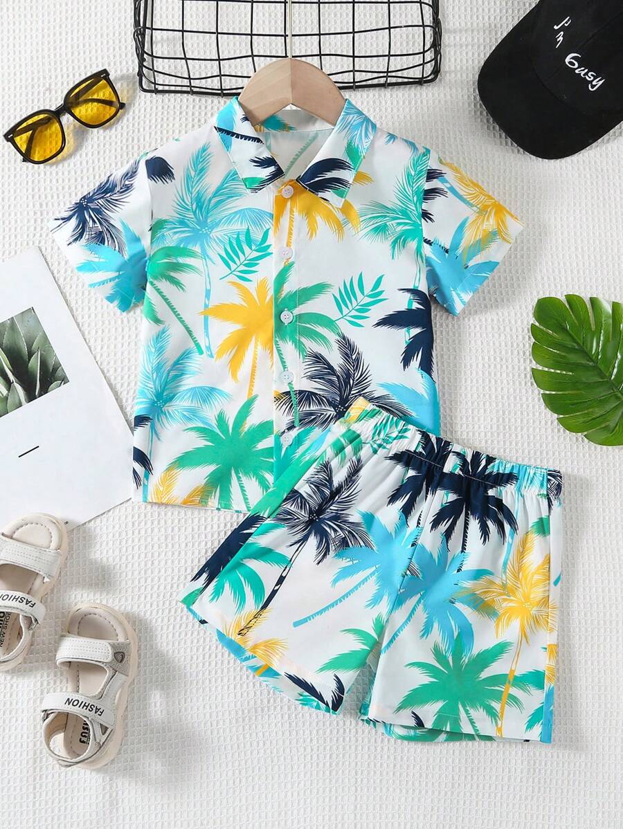 2 件装年轻男孩休闲海滩棕榈树数码印花短袖衬衫和短裤套装，夏季 - 彩色 - 查看 1