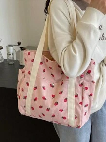 极简草莓印花女士单肩包，大容量度假旅行户外手提包，休闲多口袋顶部提手灯芯绒手提包，轻便便携日常购物斜挎包，适合通勤和外出 - 粉色 - 查看 5