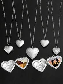 1 Pieza, Collar personalizado con forma de corazón, personalizable con fotos, disponible en 5 estilos, color plateado general, con corazón en forma de corazón personalizado grabado, se puede abrir como un colgante para guardar fotos.