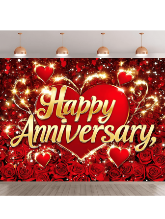 لوحة خلفية بانر عيد الزواج السعيد قطعة واحدة، ديكور حفلات الزفاف الرومانسية للجدران، خلفية قابلة لإعادة الاستخدام لمنصة التصوير الفوتوغرافي، بتصميم القلب والوردة، لديكور الأحداث الداخلية والخارجية، لوازم حفلات عيد الزواج، عيد الحب، مسطح 2D، ليس متعدد الطبقات أو موديل حقيقي