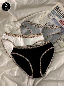 3pcs Tween Girls' Contrast Color Edge Basic Comfortable Breathable Underwear