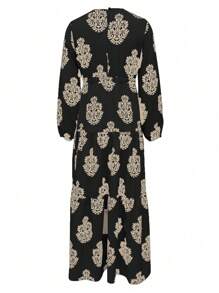 Women's Floral Print Round Neck Lantern Sleeve Ruffle Trim Belted Dress, Modest - Black - View 5