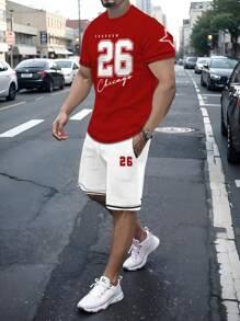 26Print 图形印花男士时尚休闲圆领短袖 T 恤带抽绳短裤套装夏季休闲短袖服装套装