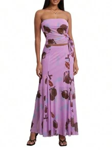 Womens Summer 2Pcs Outfits Floral Print Drawstring Tube Tops + Long Skirt Set Party Clothes - 紫色 - 查看 2