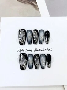 10 Pieces Of Long Nails, Diablo Mergerian Nail Art New Style DIY Heavy Workers, Heavy Workers, Punk Style Mechanical Warfare Patterns Design Black Nails, Removable Reused Nail Supplies, Nail Powder, Nails Scattered Suitable For Men, Ladies On The Stage, Dance Party , Dacking Scenes Use 1 Piece Of Fructic Jelly Glue And 1 Rubbing Strip