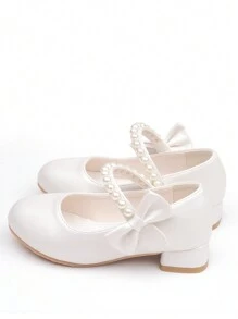 Girls White High Heel Shoes Princess Style Leather Shoes Spring & Autumn, Middle & Kids Shoes Suitable For Evening Dresses, Pearl Decoration