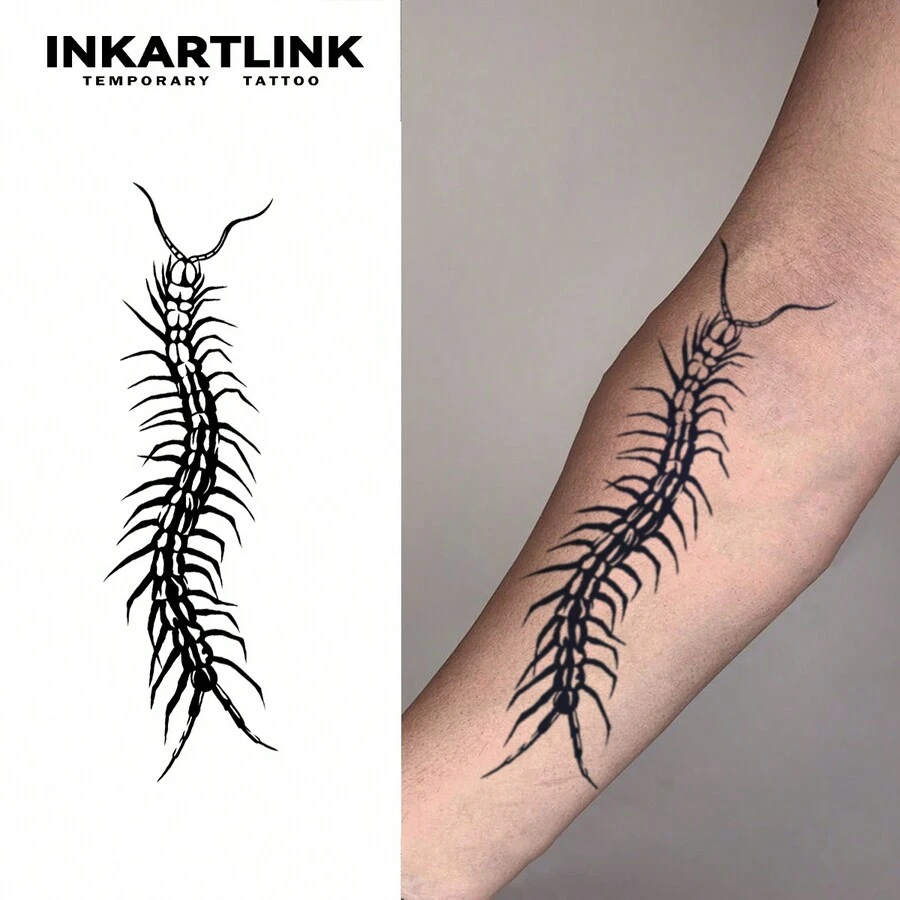 1pc 6*20cm INKARTLINK Centipede Botanical Juice Tattoo Sticker, Magic Tattoo, Semi-Permanent Tattoo, Realistic Fake Tattoo, Lasts 1-2 Weeks, Photorealistic Style - Black - View 1