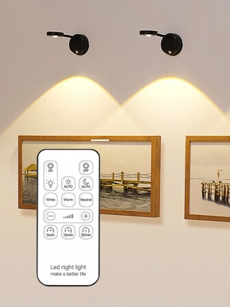 1 PC Picture Light With LED Motion Sensor Battery Operated With Remote Rechargeable Wall Sconce Dimmable 3 Color Temperature 360°Rotation Wireless Spotlight For Wall Staircase Hallway Bedroom Cabinet(1200mAH)