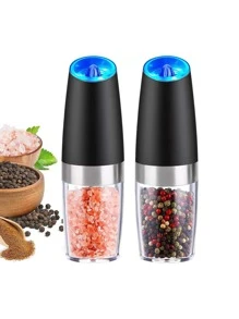 Electric Salt And Pepper Grinder Set, Gravity Electric Pepper Grinder Battery Operated Automatic Salt Grinder With LED Blue Light Salt And Pepper Mill Set Adjustable Coarseness, (1pc/2pcs)Black