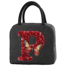 Insulation Lunch Bag Aluminum Foil Bento Pack For Work Large Capacity Cooler Bags Women Handbag Red Rose Initial Letter A-Z Print Lunch Box Portable Thermal Picnic Food Bag