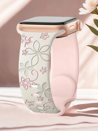 Floral Engraved Bands Compatible With Apple Watch Band 41mm 40mm 44mm 45mm 42mm 38mm 49mm 46mm For Women,Cute Flower Two-Tone Flower Soft IWatch Bands Soft Silicone Sport Strap Compatible With IWatch Series SE 10 9 8 7 6 5 4 3 Ultra