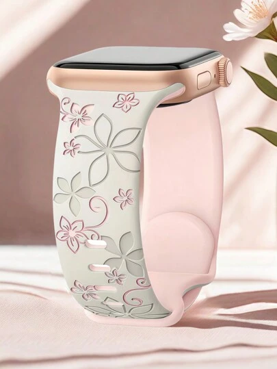 Correas compatibles con de 41mm, 40mm, 44mm, 45mm, 42mm, 38mm, 49mm, 46mm para mujeres, con diseño floral grabado, flores bicolor suaves, correa deportiva de silicona suave compatible con iWatch Series SE 11 10 9 8 7 6 5 4 3 2 1 Ultra