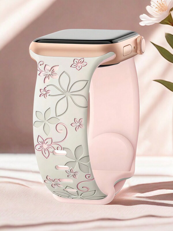 Floral Engraved Bands Compatible With Apple Watch Band 41mm 40mm 44mm 45mm 42mm 38mm 49mm 46mm For Women,Cute Flower Two-Tone Flower Soft IWatch Bands Soft Silicone Sport Strap Compatible With IWatch Series SE 10 9 8 7 6 5 4 3 Ultra