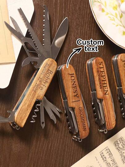 1pc 10-In-1 Customizable Wooden Handle Engraved Multi-Function Combination Tool Knife, Folding Knife, Outdoor Camping Multi-Purpose Tool, Small Compact Multi-Purpose Household Tool, Laser Engraved Text/Name Personalized Souvenir, Groomsman Gift, Gift For Boyfriend, Dad, Husband, Multi-Functional, Space-Saving, Reusable, Refined, Vintage, High Quality, Customizable, Wedding Anniversary, Valentine's Day, Father's Day, Birthday Gift