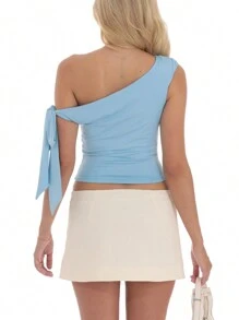 Womens Y2K Off Shoulder Tank Tops Sleeveless Solid Color Ruched Crop Tops Slim Fit Summer Shirts - Blue - View 5