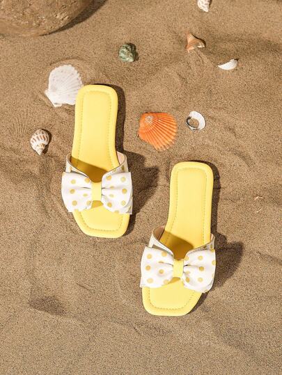 1 Pair Fashionable Girl's Square Toe Bow Decor Flat Slippers