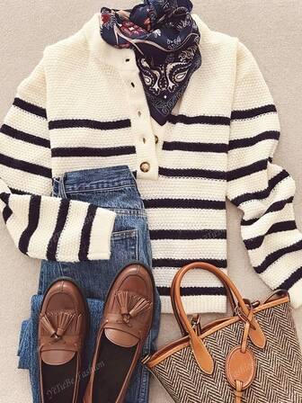 Plus Size SAKI Unique Small Brand Enkelknäppt Stripe Casual V-ringad Lös stickad tröja för kvinnor