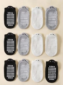 12 Pairs Baby Cartoon Smiling Face Slip-On Socks, Toddler Unisex Ankle Socks (Black, White, Grey)