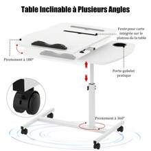 Bureau d'ordinateur inclinable 180° et hauteur réglable 61-95cm, Table d'appoint avec deux plateaux 40x40+40x20cm, Bureau Debout multi-usage avec bande antidérapante / fente de tablette / Porte-tasse, Facile à déplacer avec Roulettes rotatif 360°, Gain de place, Couleur disponible: Chêne / Blanc /Noir, 60x40x95cm - Blanc - Voir 6