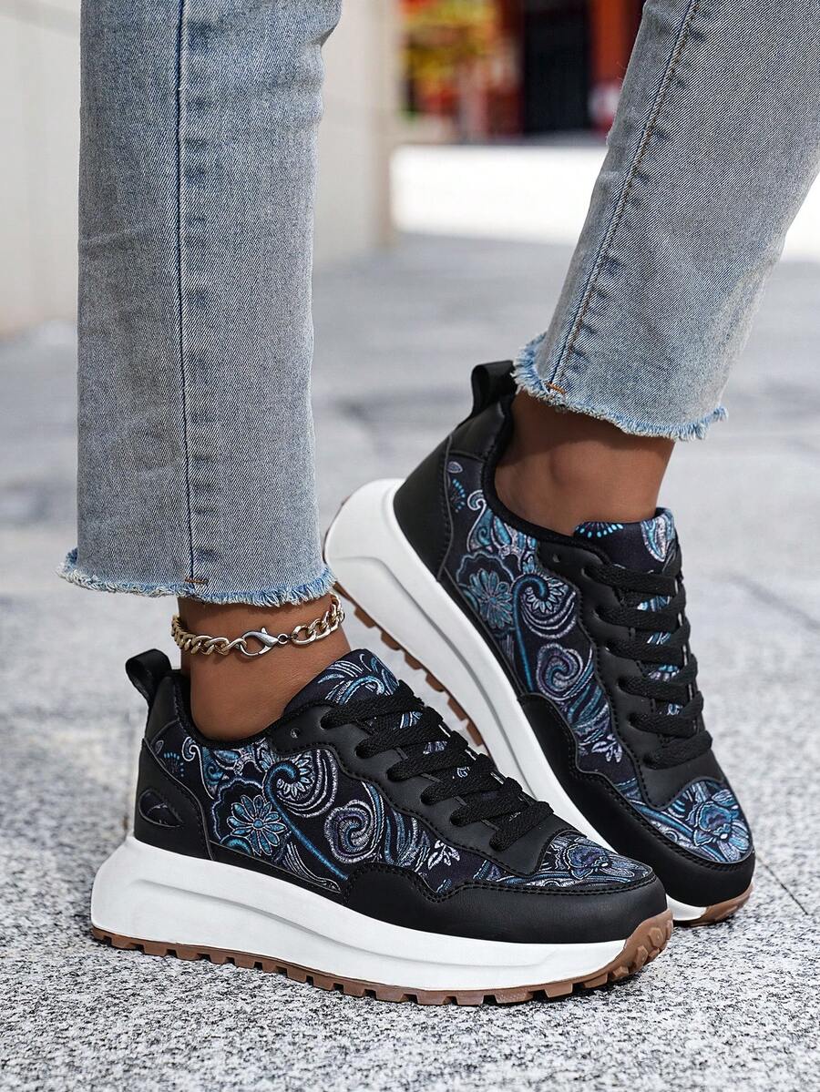 Women's Specially Designed Printed Non-Slip Lace-Up Comfortable Platform Casual/Sports Sneaker Shoes - Black - View 1