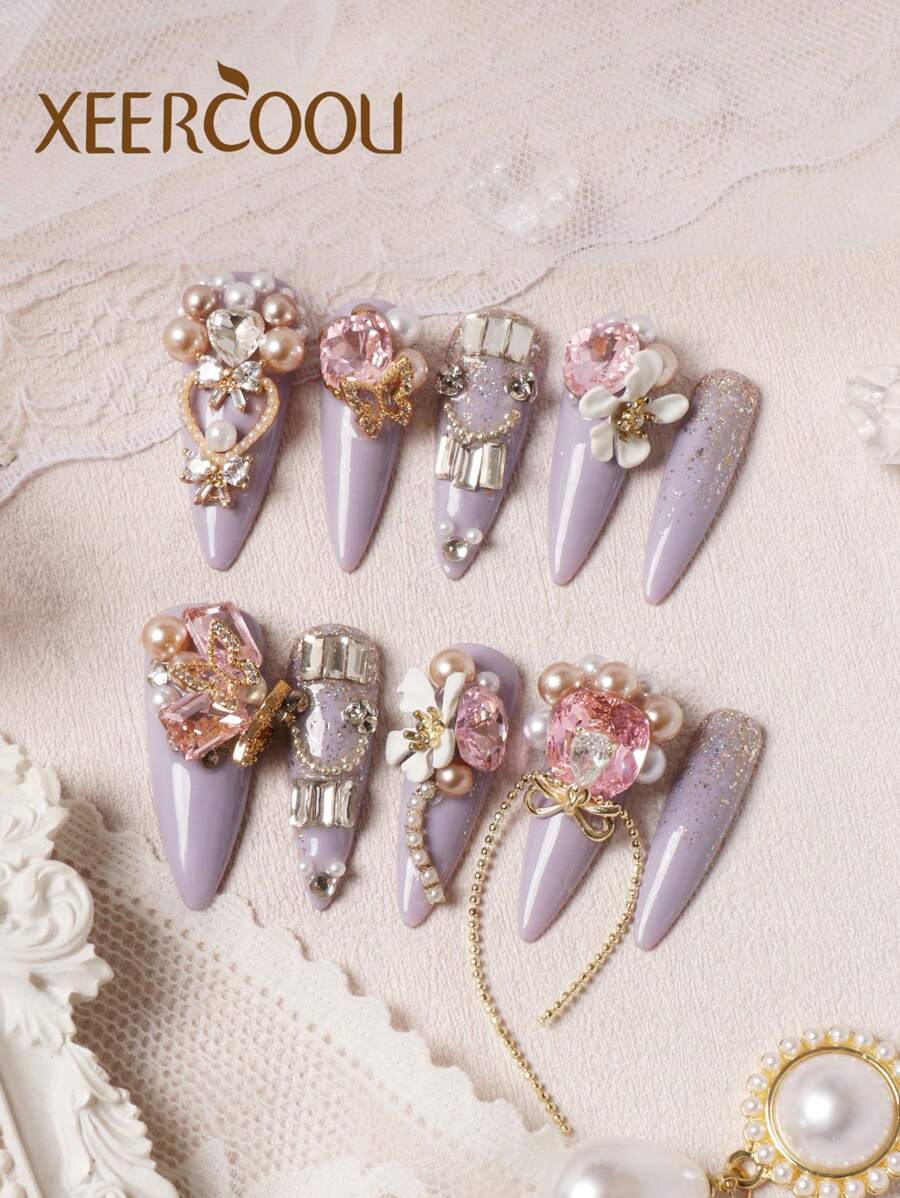 10 móng tay giả dài màu tím, móng giả dán, dụng cụ làm móng giả, bộ móng giả Secret Score Garden Romantic Flower Heavy Industry Water Droplet Shape, sản xuất thủ công hoàn toàn, bao gồm 1 tờ keo dán và 1 dũa mini. - Nhiều màu - Xem 1