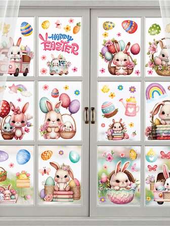 9pcs New Style Easter Window Bunny Stickers Egg Easter Party Living Room Bedroom Decorative Glass Stickers Easter Decoration