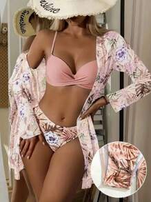 Tropical Print 3 Piece Bikini Set, V Neck Ruched High Cut With Long Sleeves Cover Up Shirt Swimsuits, Women's Swimwear & Clothing For Holiday - Màu Hồng baby - Xem 3