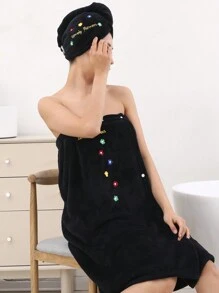 2 chiếc áo choàng tắm thêu nơ mềm mại và ấm áp cho nữ và mũ tắm, quà tặng ngày lễ tình nhân cho phụ nữ sinh nhật bạn trai bạn gái mùa hè đám cưới trang trí phòng tắm tại nhà trở lại trường - Bộ 2 món thêu màu đen - Xem 4