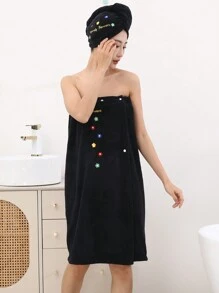 2 chiếc áo choàng tắm thêu nơ mềm mại và ấm áp cho nữ và mũ tắm, quà tặng ngày lễ tình nhân cho phụ nữ sinh nhật bạn trai bạn gái mùa hè đám cưới trang trí phòng tắm tại nhà trở lại trường - Bộ 2 món thêu màu đen - Xem 5