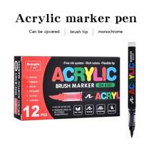 GuangNa 12 pièces/set de stylos peinture acrylique liquide droite de couleur unie avec pointe de pinceau pour la peinture sur roches, canevas, pneu, bois, métal, plastique, tissu, verre, céramique, artisanat DIY, ensemble de marqueurs à base d'eau à séchage rapide, rentrée scolaire