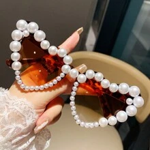 Óculos da Moda para Mulheres com Pedras Strass em Forma de Coração e Pérolas Falsas, Adereços para Fotos na Praia, Estilo Europeu e Americano para Férias de Verão na Praia, Ao Ar Livre, Viagem