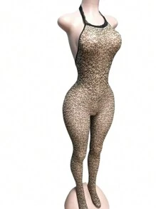 Premium Spitzen Sexy Lingerie Leopard Schritt-freie Bodys Strumpfhosen für Frauen mit gemusterten Durchsichtige Strümpfe transparente Strümpfe