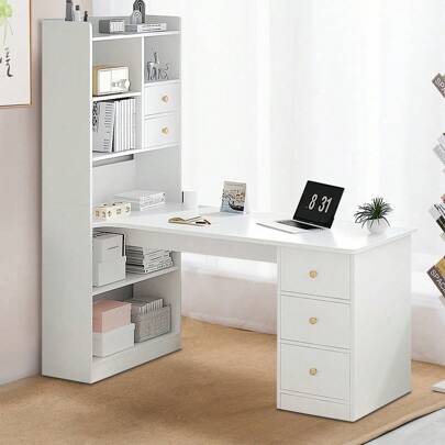 Escritorio con 5 Cajones y 7 Niveles de Repisas, Mesa de Ordenador Industrial Ideal, Mesa Home Office con Cajones, Escritorio en L Esquinero Apto para Oficinas y Dormitorios