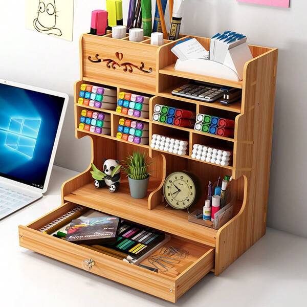 Wooden Multilayer Pencils Desk Storage Holder Desktop Sundries Storage Rack
