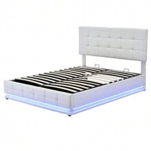 Upholstered Double Bed 140x200cm Double Bed With Hydraulically Liftable Storage Space, White PU Leather, Slatted Frame, For Adults And Teenagers