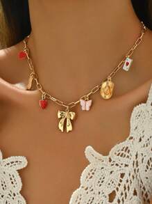 1pc Fashionable Gold Bowknot Multi-Pendant Necklace With Strawberry & Butterfly Charms, Western Cowgirl Style Metal Pendant Necklace For Women, Suitable For Everyday Wear And Party Occasions - Multicolor - View 2