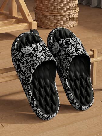 48-49 Plus Size Men's Cashew Flower Print Slippers For Summer, Soft EVA Sole Non-Slip Bathroom Graffiti Pattern Beach Slides, Slip-On Sandals For Vacation