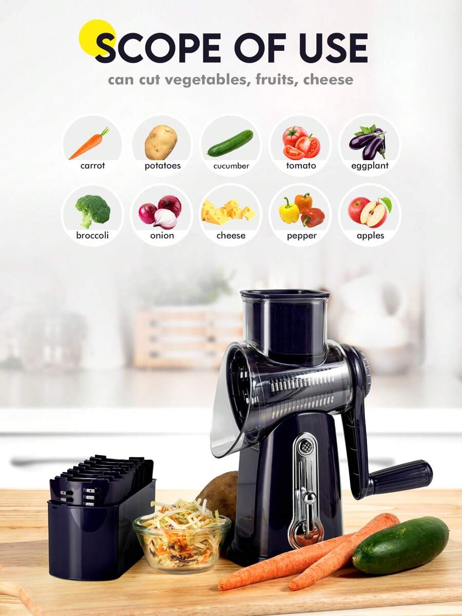 5-In-1 Rotary Cheese Grater With Handle, Includes Rotary Grater, Vegetable Slicer, Shredder, Carrot Grater, Nut Grinder, Cabbage Shredder, With 5 Interchangeable Drum Blades And Strong Suction Base. Easy To Clean Kitchen Tool With Storage Box.