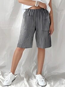 Short ample décontracté confortable avec taille élastique, imprimé rayé de plage de style classique, pour le printemps/été, grande taille