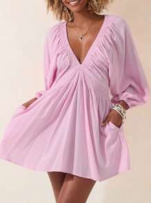 Women's Summer Short Party Dresses 3/4 Sleeve Deep V Neck Solid Color Smocked Dress With Pockets - Pink - View 7