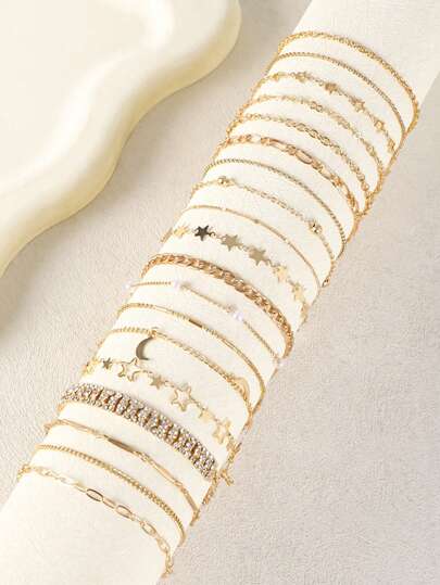 19 件/套优雅铜星、月亮、仿珍珠金手链，适合女性日常佩戴、派对、礼物、节日