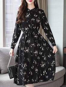 Women's Floral Long Sleeved Dress, Waist Cinched Lace Up Mid Length Dress, Vintage Elegant Dress, Women's Dress - Black - View 3