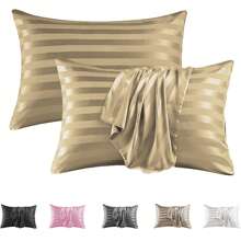 2 Packungen luxuriöse seidensatin gestreifte Kissenbezüge, khakifarbene 3cm breite Streifen Jacquard aus ultraweichem Polyester mit Kuvertverschluss, maschinenwaschbar, 80-85gsm, kühlender Komfort für Haar und Haut, Bettpolster-Protektoren in Hotelqualität