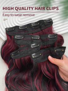 22-Inch 4pcs/Set High Gloss Red Clip-In Hair Extensions, Long Wavy Synthetic Hair Extensions, Suitable For Women And Girls Daily Use - Piano Color - View 5