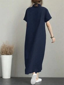 Polo Dress Short Sleeve Women's T-Shirt Dress Loose Midi Dresses Knee-Length Swing Summer Dress Casual Dress With Pockets