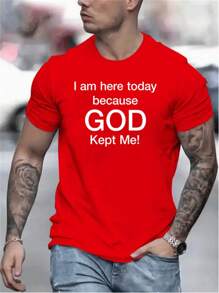 "GOD KEPT ME" Printed Summer Short-Sleeved T-Shirt American Fashion Brand Printing Mens Youth Round Neck Fashion Casual All-Match Tops Outdoor Sports T-Shirts For Men - 紅色 - 查看 1